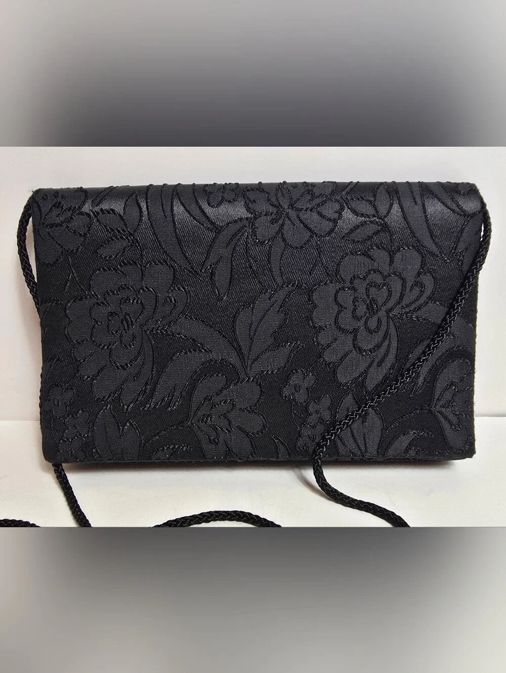 Elegant Carla Marchi Black Floral Satin Evening Clutch
